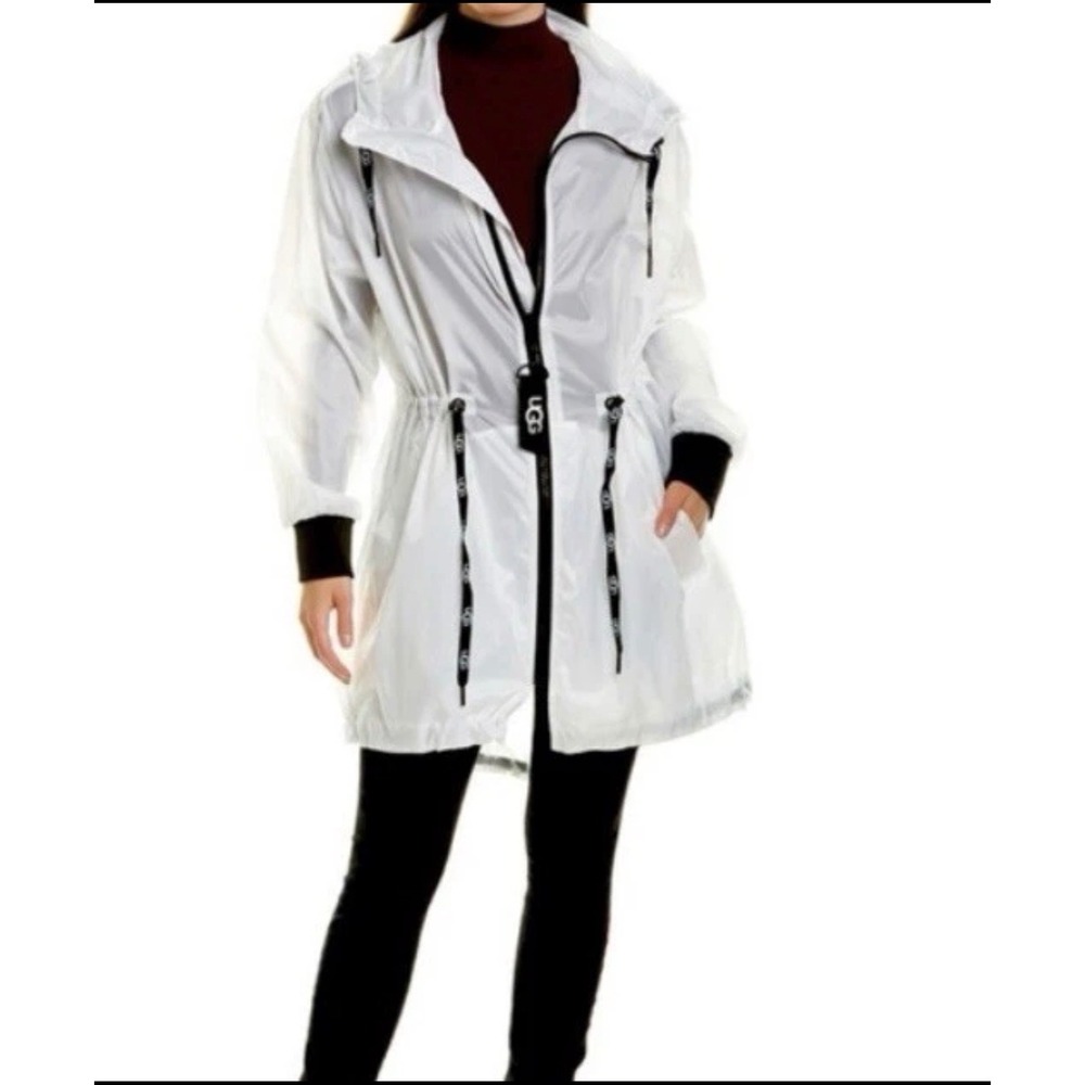 UGG White Hooded Windbreaker Jacket Womens XL Logo Drawstring Full Zip Anorak